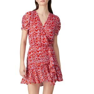 Tanya Taylor Red Floral Mini Wrap Dress Size 4 Silk Chiffon Ruched Designer $500